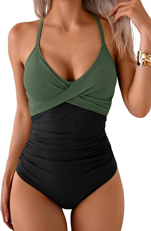 B2prity Women's One Piece Swimsuits Tummy Control Front Cross Bathing Suits Tie Back Slimming V Neck Swimwear (Large, Black Solid Color)