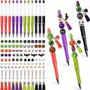 12 Pcs Halloween Beadable Pens, DIY Crafting Pens with Colorful Beads Tassel Halloween Hangup for Kids Adults School Office Gifts Supplies