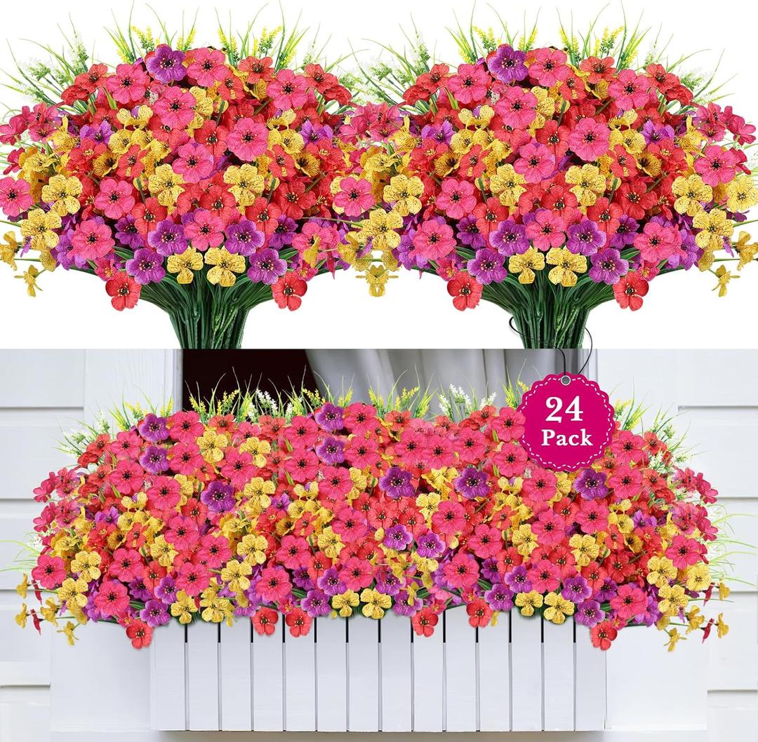 24 Bundles Realistic Fake Flowers for Outdoors, No Fade Faux Silk Flowers & Artificial Plants Lavender, for Garden Patio Porch Decor, Window Box, Hanging Basket, Planter, Grave Decorations (Mix Color)