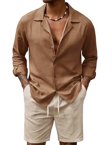 URRU Mens Summer 2 Piece Set Casual Beach Outfits Long Sleeve Shirts and Shorts Vacation Linen Sets for Men Brown/Khaki S