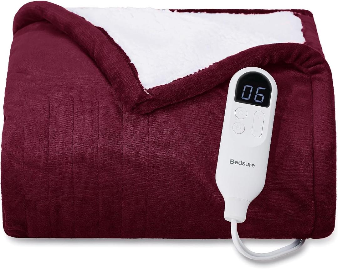 Bedsure Heated Blanket Throw Blanket - Fast Heating Electric Blanket, Soft Flannel Heated Throw with 4 Time Settings, 6 Heating Settings, Warm Gifts for Grandma (50x60 inches, Burgundy)