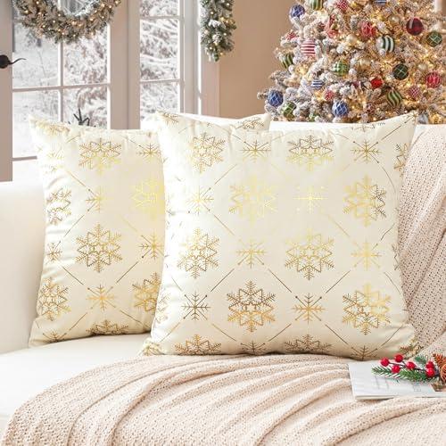 Ohok Set of 2 Christmas Velvet Pillow Covers Hot Foil Stamping Pattern Throw Pillow Covers for Farmhouse Home Decor Sofa Couch Bed Bedroom Living Room (Gold Snow Beige, 20x20-Inch)