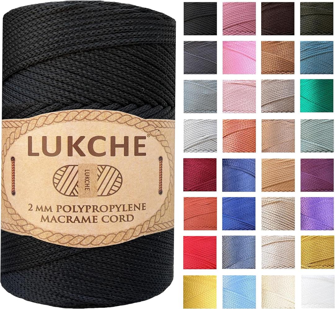Polyester Macrame Cord 2mm x 251 Yards, 100% Polypropylene Premium Macrame Rope, Colorful Yarn Crochet Macrame Bag Craft for Wall Hangers, Bags, Bottom Plates, Carpets (Black, 1 Skein) 3pc