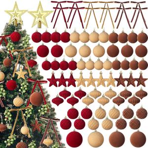 95 Pcs Velvet Christmas Tree Decorations Set - 70 Assorted Flocked Ball Ornament, 12 Velvet Bow, 1 Top Star, 12 Glitter Berry Stems for Winter Garland Holiday Tree(Burgundy, Brown, Khaki)
