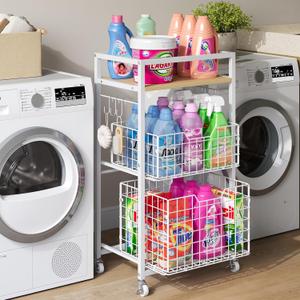 3 Tier Laundry Room Cart with Pull-Out Baskets, Utility Cart Rolling Storage Cart with Wheels Bathroom Organizers Storage Shelf with Wood Top Laundry Room Organization and Storage, White