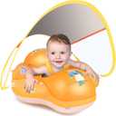 Baby Pool Float No Flip Over, Inflatable Baby Float with Sun Protection Canopy, Baby Swimming Float, Baby Swim Float with Double Air Chambers, Add Tail for Age of 3-36 Months (X-Large, yellow)