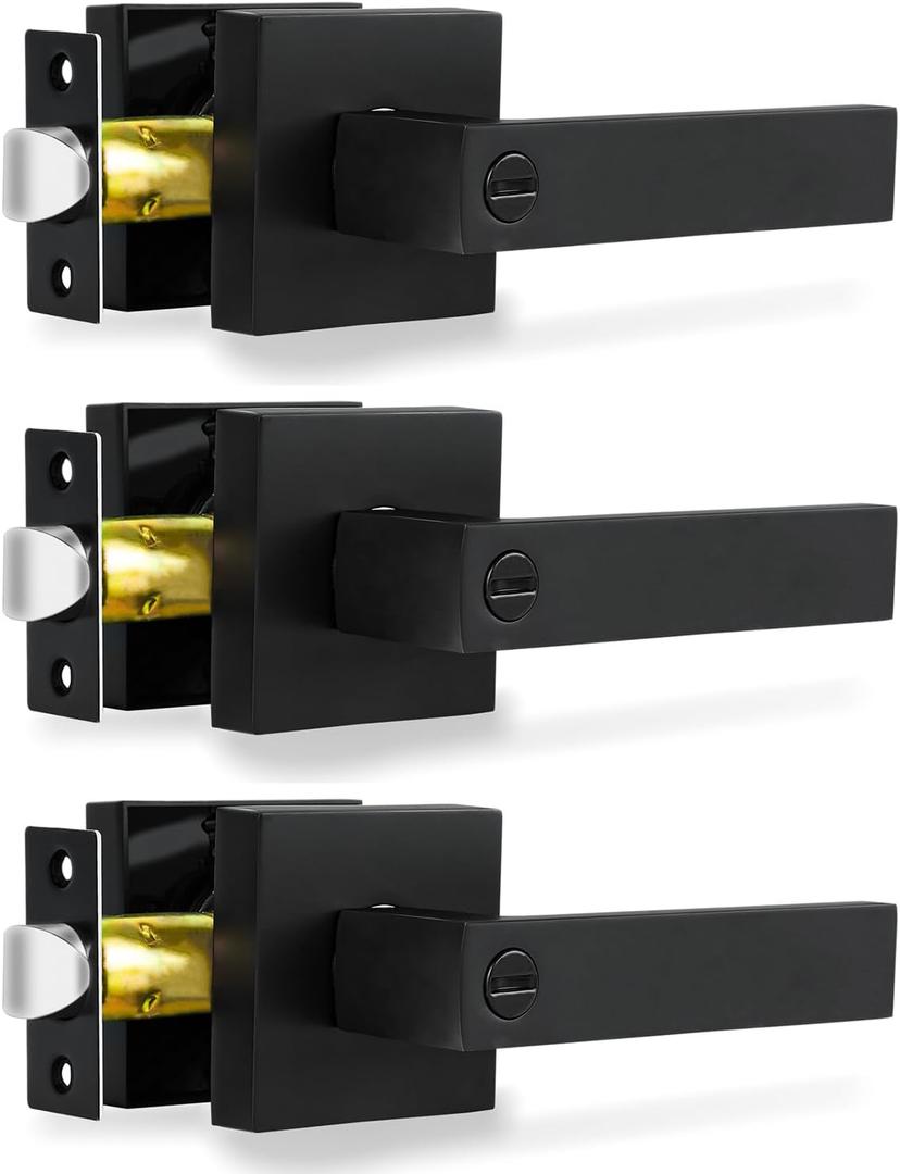 Privacy Door Levers, 3 Pack Matte Black Door Handles Heavy Duty Bed and Bath Door Locks Interior Keyless Locksets, Reversible for Left Right Handed Doors