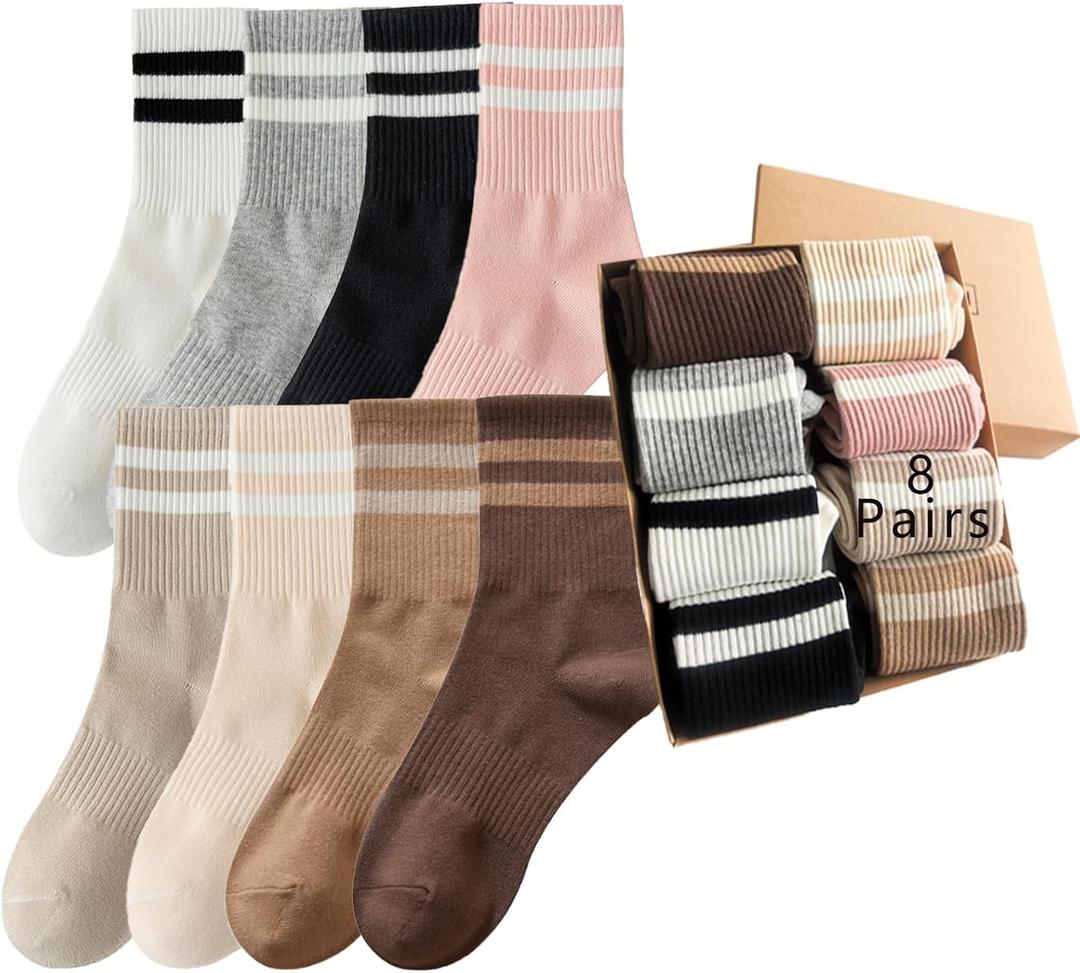 Womens Vintage Cotton Cozy Crew Socks,Striped Athletic Casual Socks for Women 8 Pairs,Gifts Box