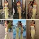 JUMISEE Women’s Sexy Halter Twist Knot Maxi Dress Draped Ribbon Ruched Cocktail Dress Sheer Mesh Bodycon Formal Dresses (Yellow, L)
