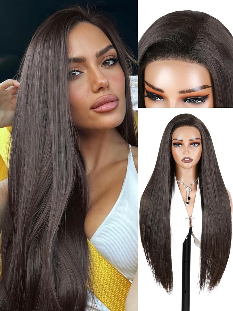 WIGER 28 Inch Straight Lace Front Wigs Long Light Black Synthetic Heat Resistant Cosplay Wig For Women Pre Plucked Glueless Wig for Halloween Costume Girl Party Hair