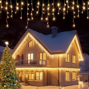 USOKYO Icicle Christmas Lights, 1000 LED 98FT String With 200 Drops, 8 Modes Outdoor LED for Holiday Wedding Party Patio Bedroom (Warm White)