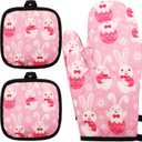 4 PCS Easter Oven Mitts and Potholders Set, Pink Easter Bunny Eggs Oven Mitt Pot Holder Rabbit Potholder Heat Resistant Non-Slip Cooking Gloves for Holiday Baking Party Favor Decor