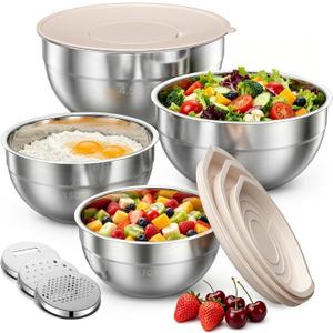 Stainless Steel Mixing Bowls with Lids Set, 4 Pack Cooking Bowls | Nesting Mixing Bowls with 3 Grater Attachments, Kitchen Airtight Metal Bowls, Size 4.5, 2.7, 1.5, 0.7QT for Mixing, Baking