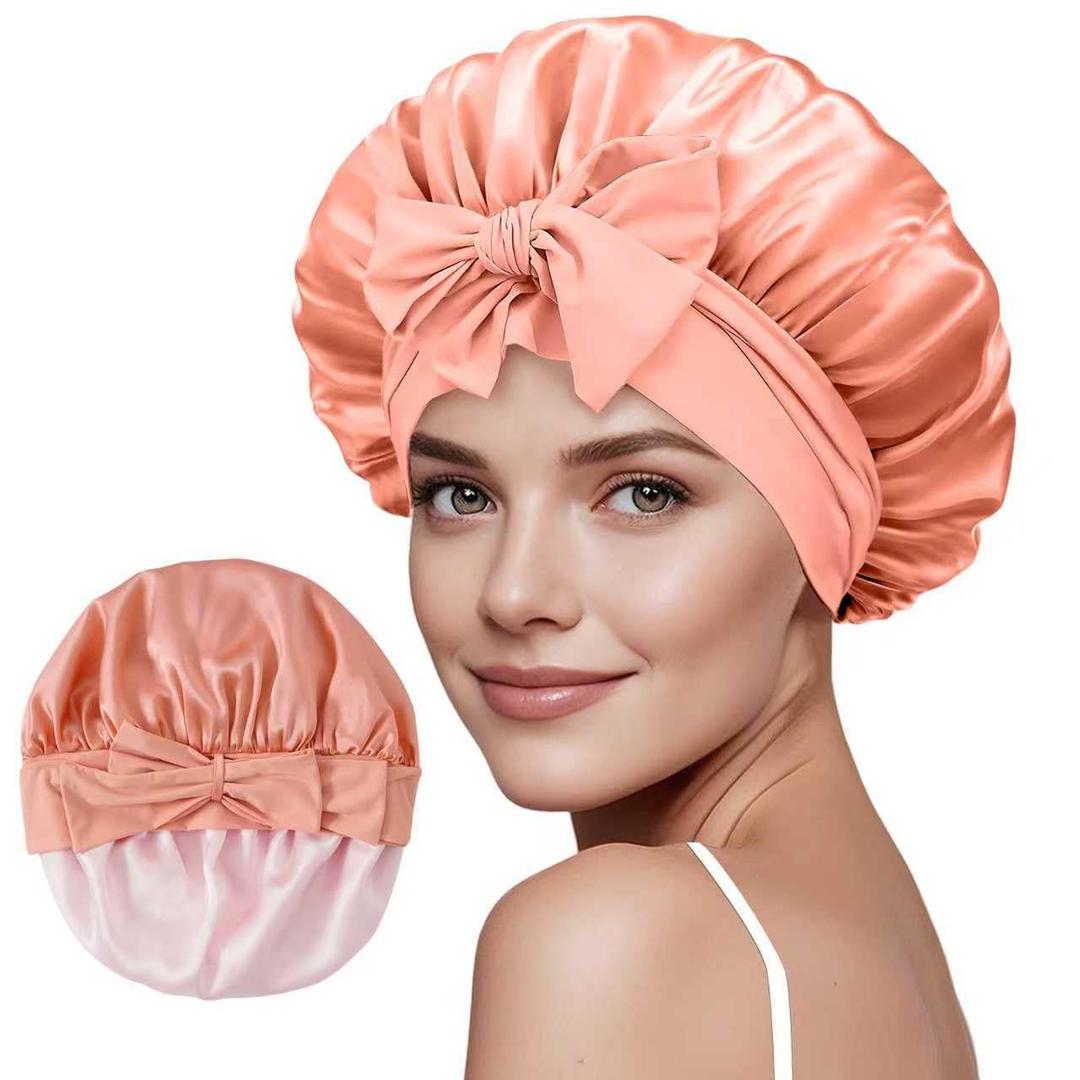 ZIMASILK 100% Mulberry Silk Bonnet for Sleeping Women Long Hair Double Layer Silk Hair Wrap with Tie Band Stay On Head (1Pc, Coral)