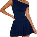 ForeFair Women's Sexy Off Shoulder Bodycon Mini Dresses Sleeveless Ruffle Hem Party Club Short Dress (Blue, S)