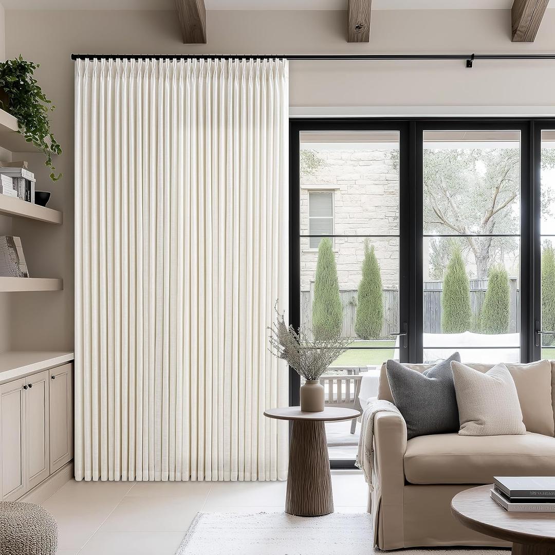 Extra Wide Pinch Pleat Curtains 108 Inches Long for Patio Sliding Glass Door Cream Linen 70 Inch Width Curtain Memory Trained Pleated Drapes Hooks Rings 70 x 108 Curtain for Large Window 1 Panel (Natural)
