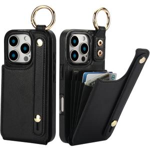 Folosu for iPhone 16 Pro Wallet Case with Card Holder, Hand Wrist Strap Loop Holder Kickstand, RFID Blocking Finger Grip Ring PU Leather Double Buttons Shockproof Cover 6.3" Black