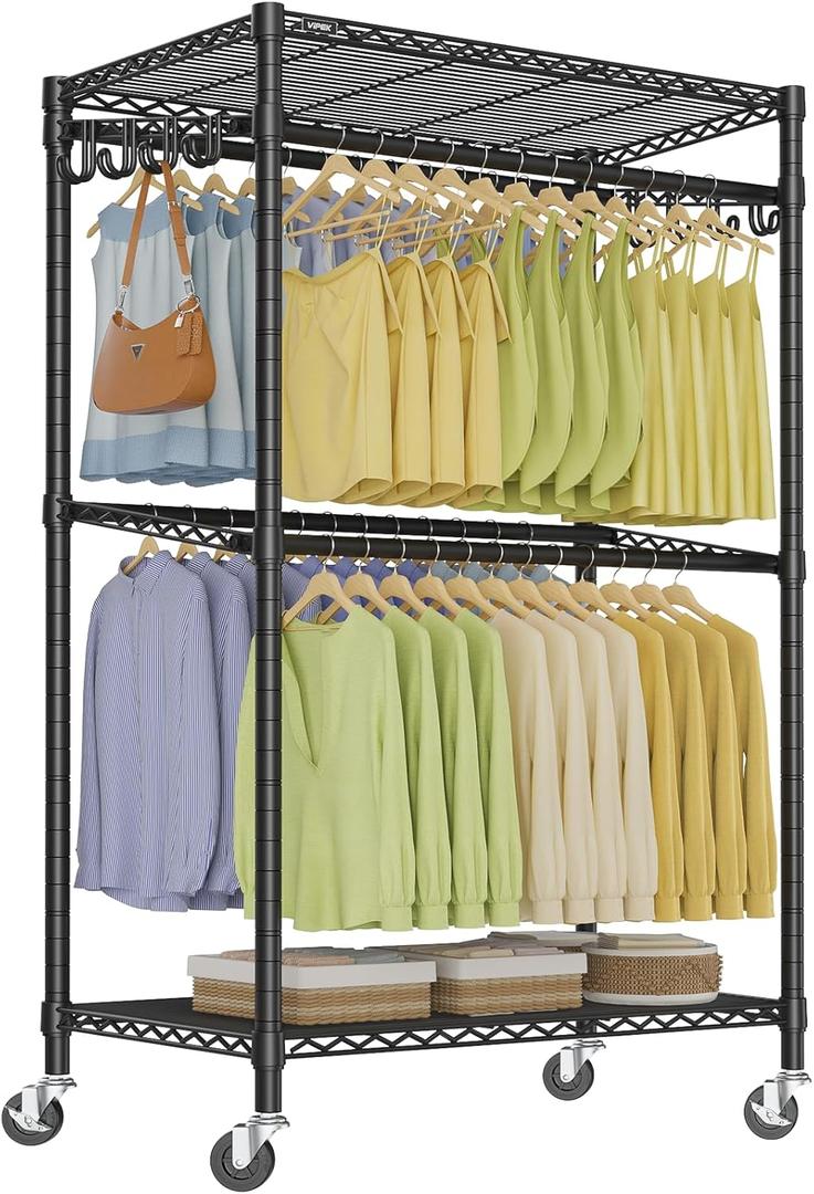 VIPEK R2 Pro Rolling Garment Rack 2-Sided Hanging Heavy Duty Clothes Racks with Wheels Adjustable Shelves Hanging Rods Metal Portable Closet Storage Freestanding Clothing Rack, Max load 600lbs, Black