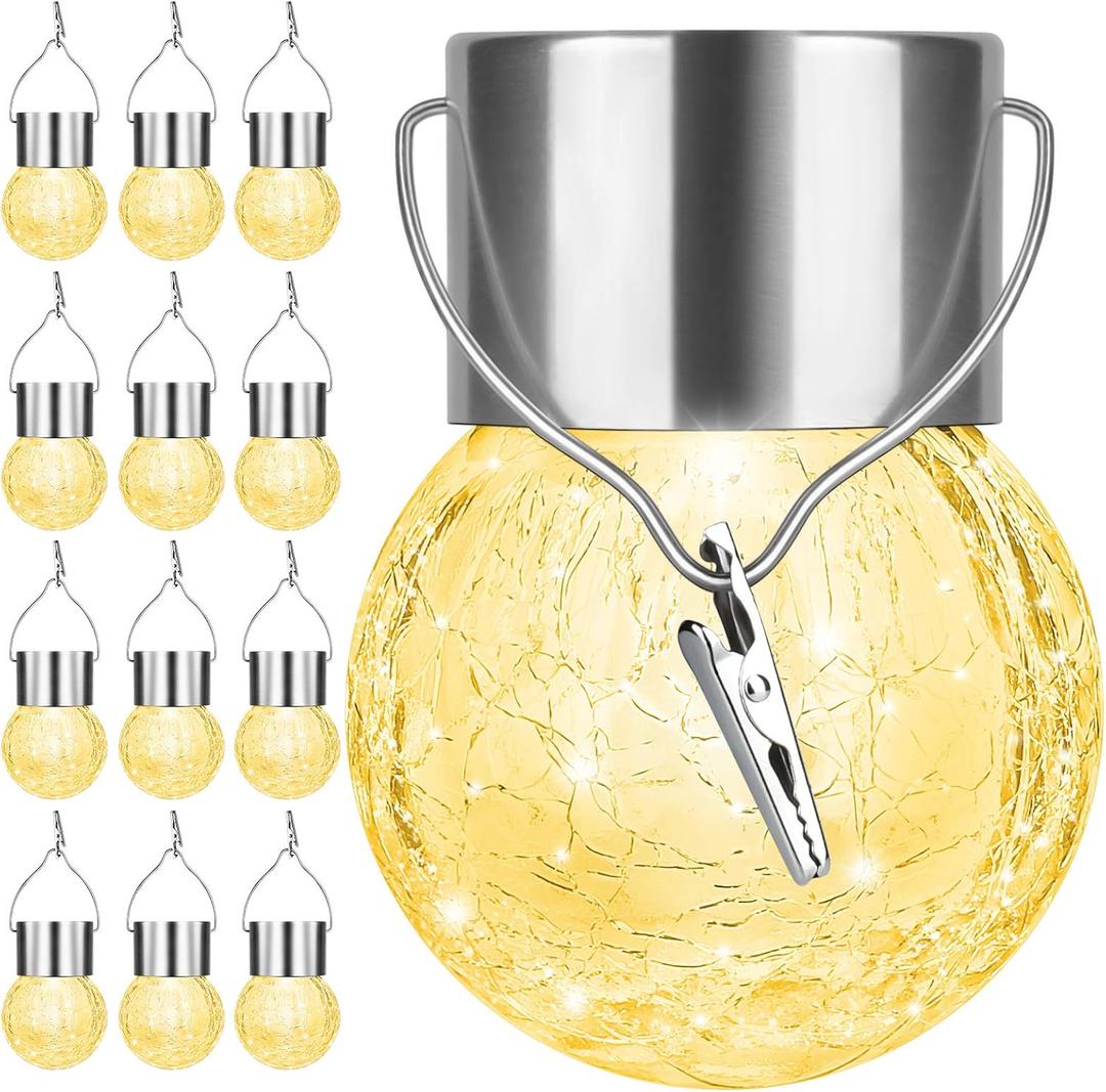 12Pack Hanging Outdoor Solar Lights - Decorative Cracked Glass LED Ball Lights Waterproof Tree Solar Powered Globe Lights with Handle for Garden Yard Patio Fence Christmas Decoration, Warm White