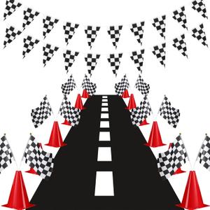 Skylety Traffic Cones and Racing Checkered Flags Set-include 12 Plastic Traffic Cones,12 Flags with Sticks,31 ft Checkered Pennant Banner and 9.8 x 2 ft Racetrack Floor Running Mat