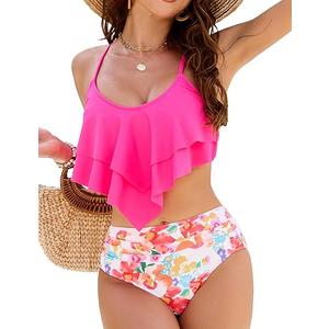 Edelqual Bikini Sets for Women Ruffled Leopard Halter Top Floral High Waisted Tummy Control Crisscross Tie Back Bathing Suit XL, Pink Floral