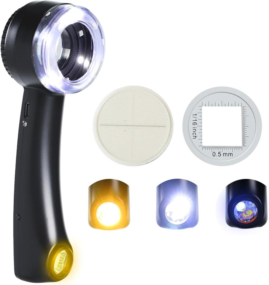 Handheld 10X Jewelry Magnifying Glass Rechargeable with UV & LED Lights and Flashlight in One, Professional Loupe Magnifier 30mm Optical Lens with 2 Reticle Scales for Watchmaker, Jeweler, Collector
