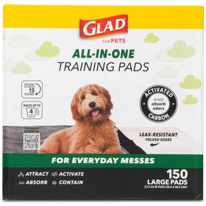 Glad for Pets Black Charcoal Puppy Pads, 23 x 23 Inch, 6-Layer Leak-Resistant Design, Activated Carbon Odor Control, Pheromone Attractant for Potty Training, 150 Count