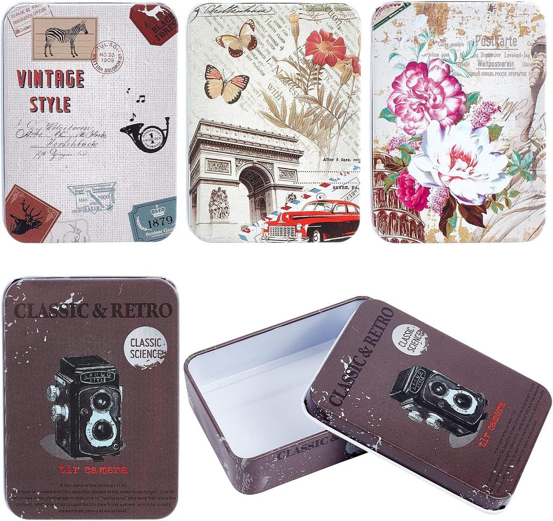 CREATCABIN 4Pcs Vintage Metal Tin Box Card Holder Rectangular Tinplate Box Containers Christmas Small Wrap Boxes with Lids Hinged Storage Cans for Home Kitchen Candles Jewelry Coin Cake Biscuits
