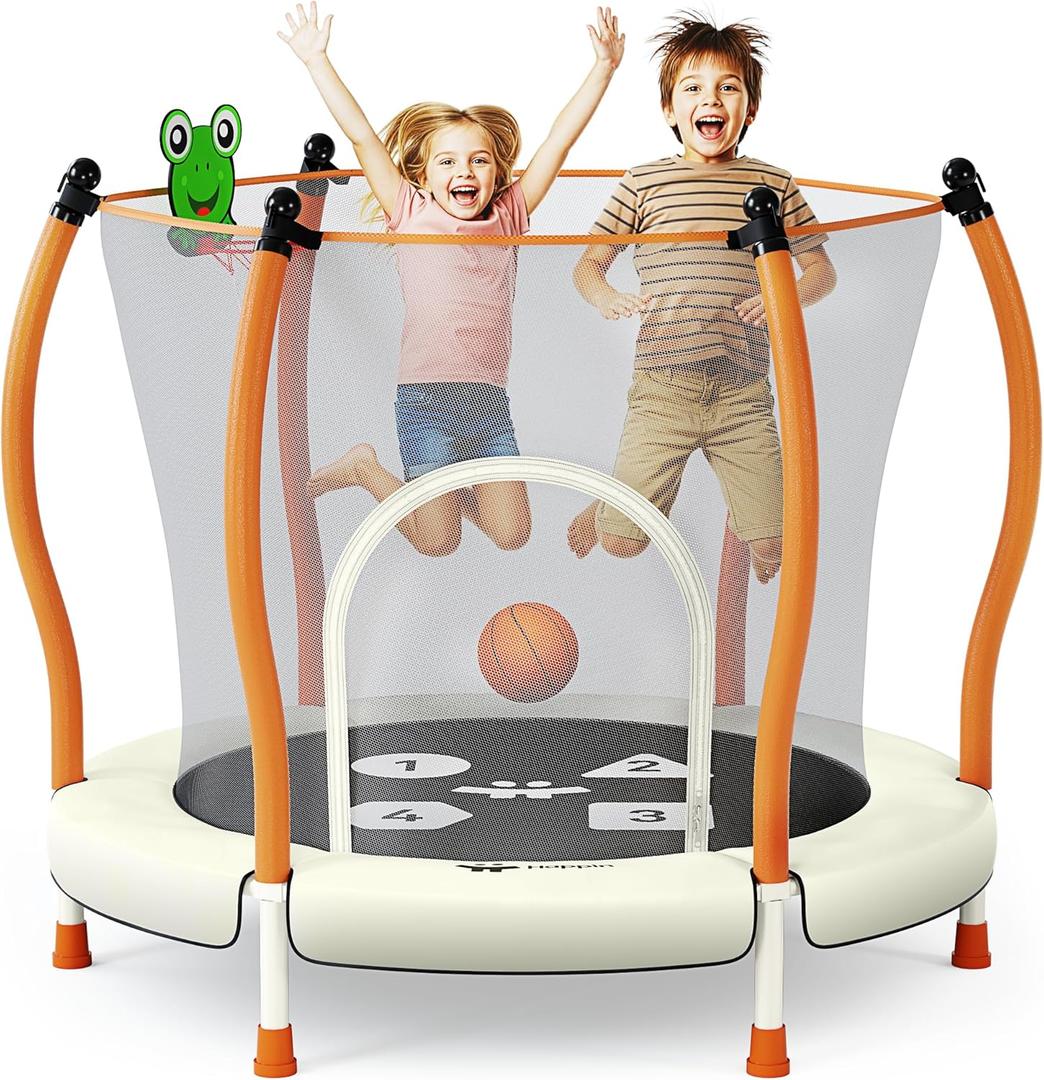 Happin 55 Trampoline for Kids with Safety Enclosure, Indoor & Outdoor Toddler Trampoline, Ultra Safe Design with Multi Activity Accessories, Perfect Toddler Gift for Boys & Girls Ages 18 (Beige-Orange)