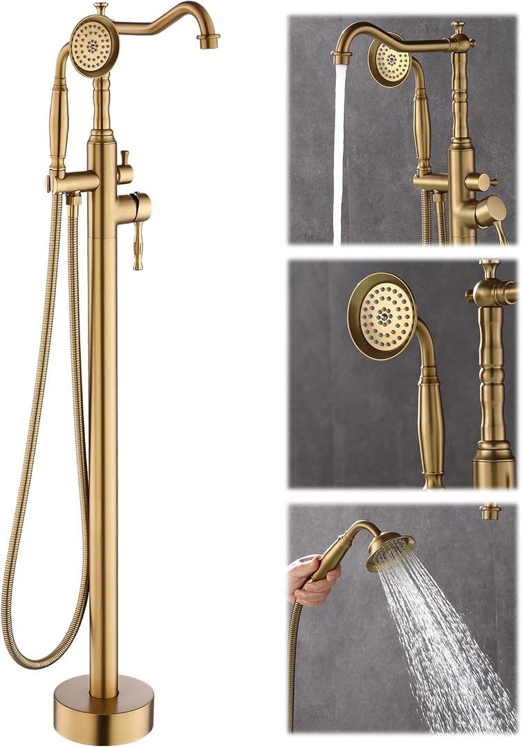 Free Standing Tub Faucet, Floor Mount Bathroom Tub Filler, Freestanding Bathtub Shower Faucets with Handheld Sprayer, Brushed Gold