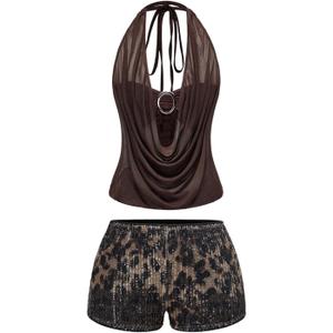 SHENHE Women's Sexy 2 Piece Outfits Draped Halter Tops and Sequin Leopard Shorts Sets Clubwear, Small