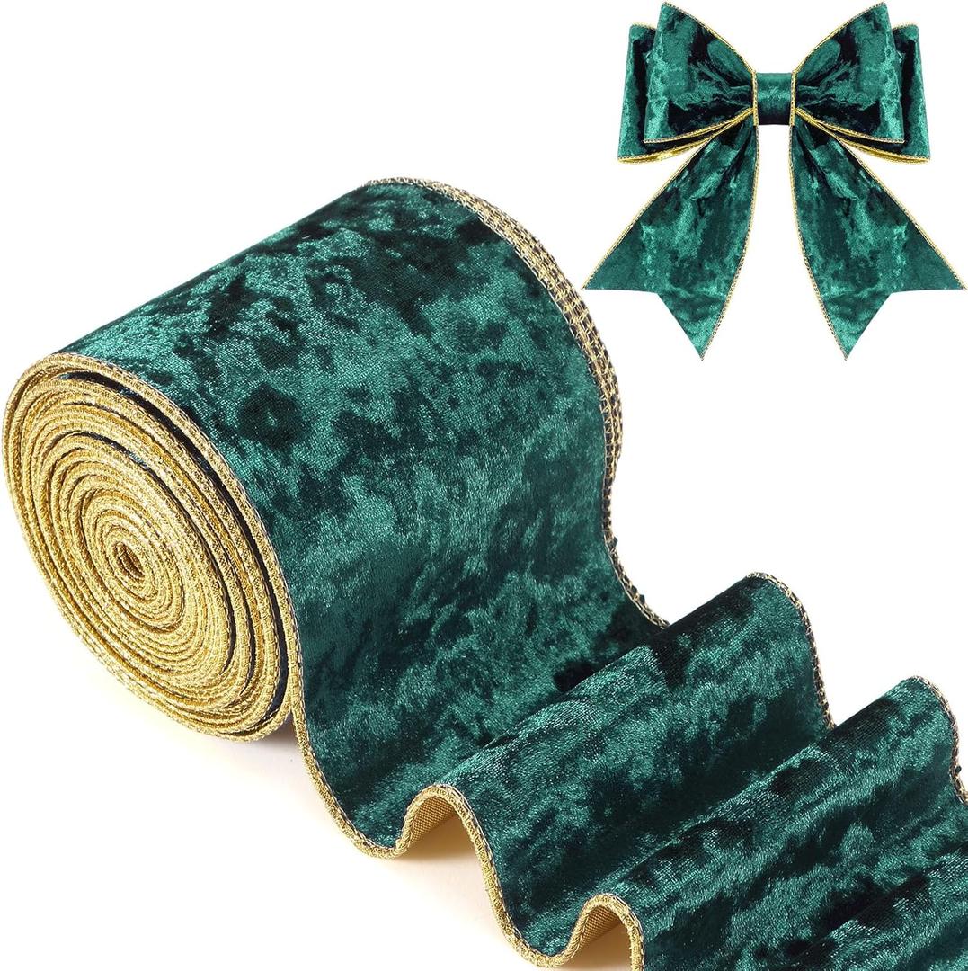 Riceshoot Christmas 2.5 Inch Velvet Ribbon 10 Yards Dark Green Wide Wired Velvet Ribbon with Gold Edge for Wrapping Bow Gift Box DIY
