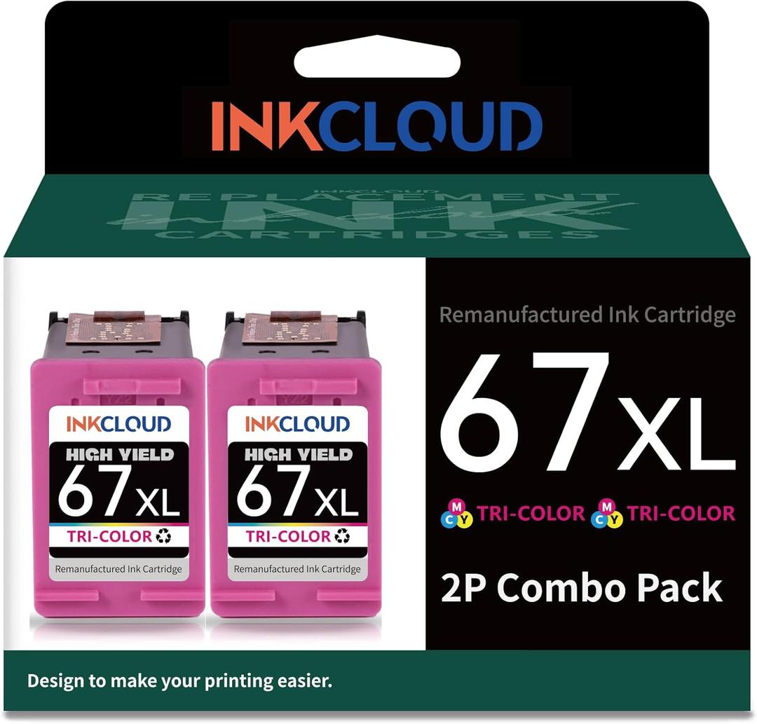 INKCLOUD Compatible Remanufactured Ink Cartridges Replacement for HP 67 XL Color Ink Cartridge for HP1255 2732 2752 2755 6452 6455 6458 4140 4152 Printer(2Color)