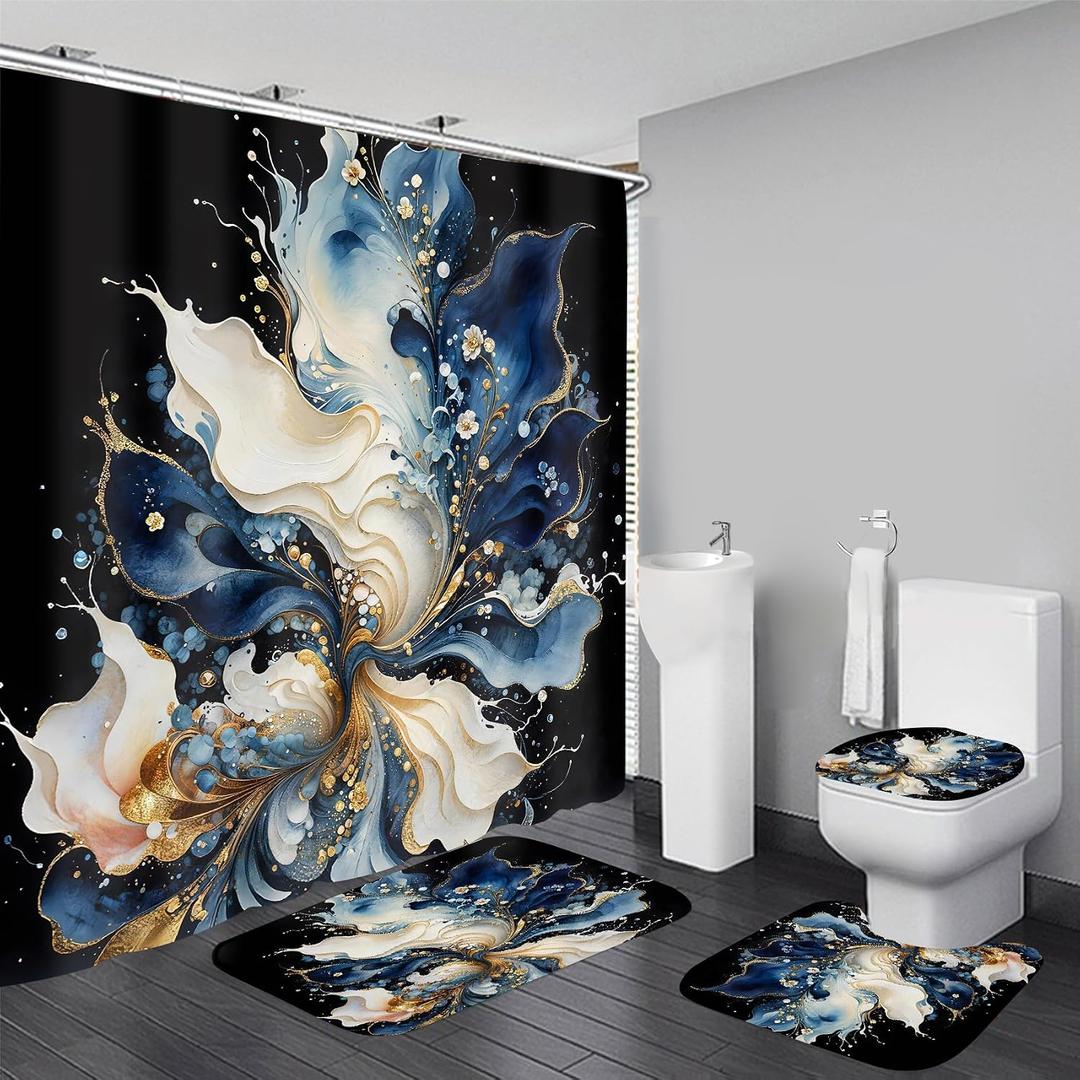 AZHM 4pcs Shower Curtain Sets Abstract Blue Bathroom Decor Sets with Shower Curtain and Rugs and Accessories Modern Marble Shower Curtains for Bathroom with 12 Hooks, Bath Mat, Toilet Lid Cover