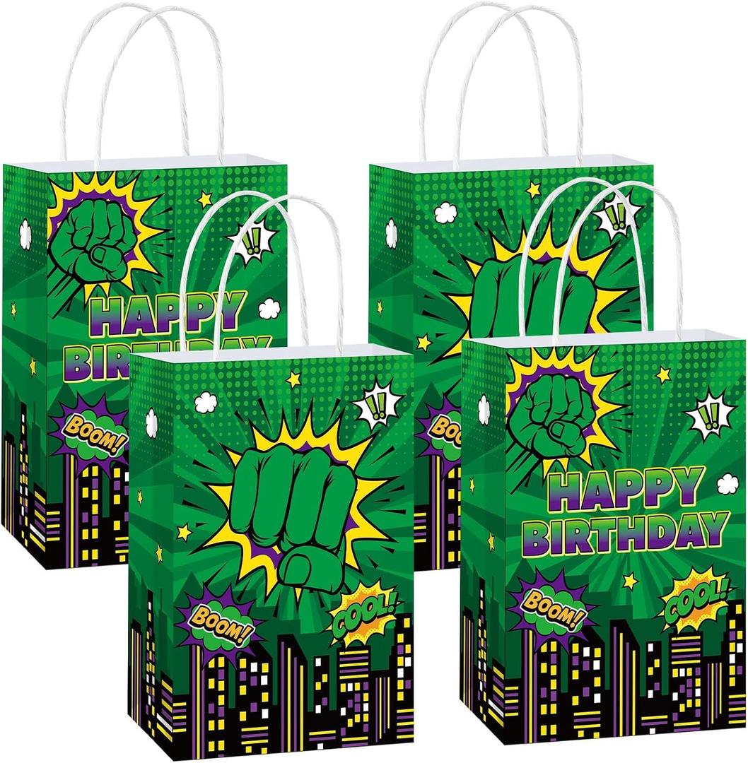 12Pcs Green Hero Party Supplies Super Theme Party Favor Bags with Handles Cartoon Green Hero Treat Candy Goodie Bags Comic City Cityscape Gift Bag for Boys Girls Baby Shower Birthday Decorations