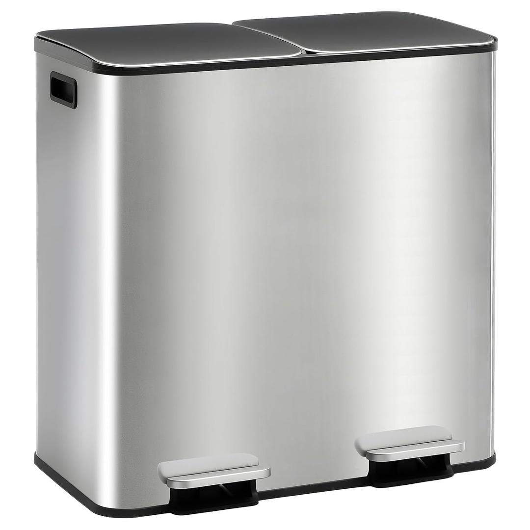 DUMOS 2 x 10.5 Gallon Kitchen Trash Can with Lid, Stainless Steel Garbage Can with Soft-Close Lid & Removable Inner Buckets, Dual Compartment Step-on Waste Bins for Kitchen, Home Office