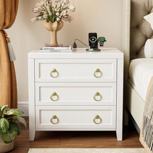 Huuger 23.6 Inch Night Stand with Charger Station and USB-C Port, 3 Drawer Nightstand, Larger Wider Bedside Table, Modern Side End Table, for Bedroom, White Nightstand, 23.62 inches x 15.75 inches x 23.62 inches