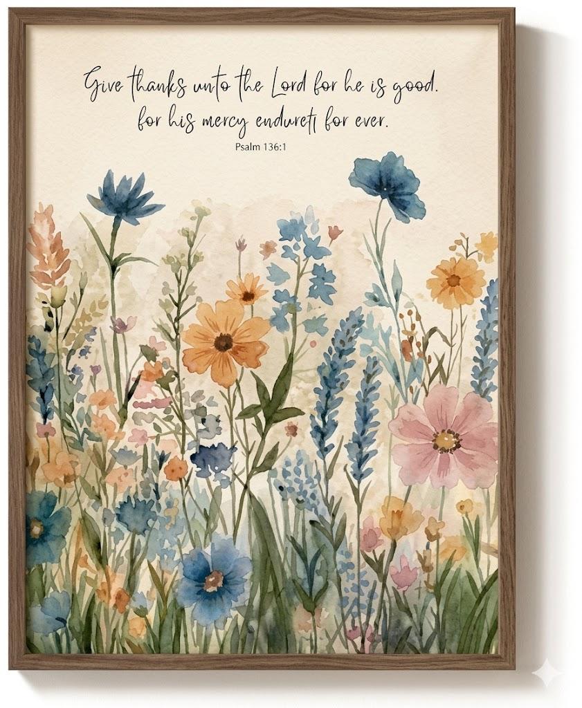 Framed Christian Wall Art, Wildflower Bible Verse Canvas Picture, Vintage Botanical Pastel Neutral Beige Scripture Decor Psalm 136:1 for Bedroom Living Room Nursery, 12x16 Inch