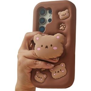 Kawaii 3D Teddy Bear Pop-Up Stand and Grip Phone Case for Samsung Galaxy S24 Ultra, Cute Cartoon Animal Phone Cover for Girls, Boys, Kids, Teens, and Womens