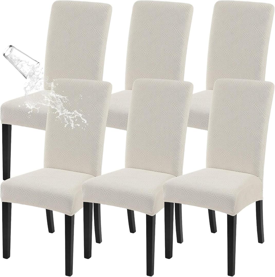 SearchI Waterproof Dining Room Chair Covers Set of 6, Stretch Jacquard Parsons Chair Slipcovers Removable Washable Kitchen Chair Protector for Dining Room, Hotel, Banquet (Beige Rectangular Jacquard)