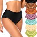 High Waisted Seamless Underwear for Women No Show Panties Sexy Cheeky Bikini Scalloped Edge Breathable Briefs 7 Pack (L)