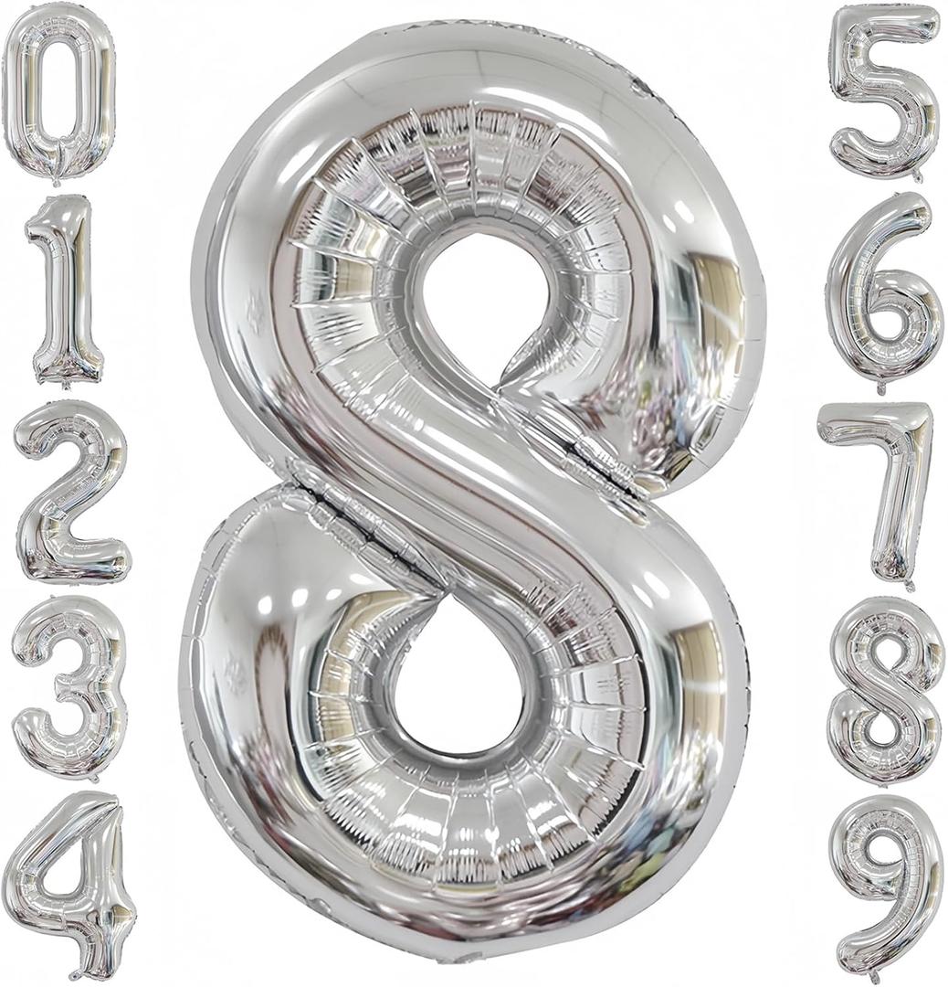 Silver 8 Balloon,40 Inch Number 8 Balloon,8 Birthday Balloon Decorations,Helium Silver 8 Balloon Number for Birthday Party Decorations