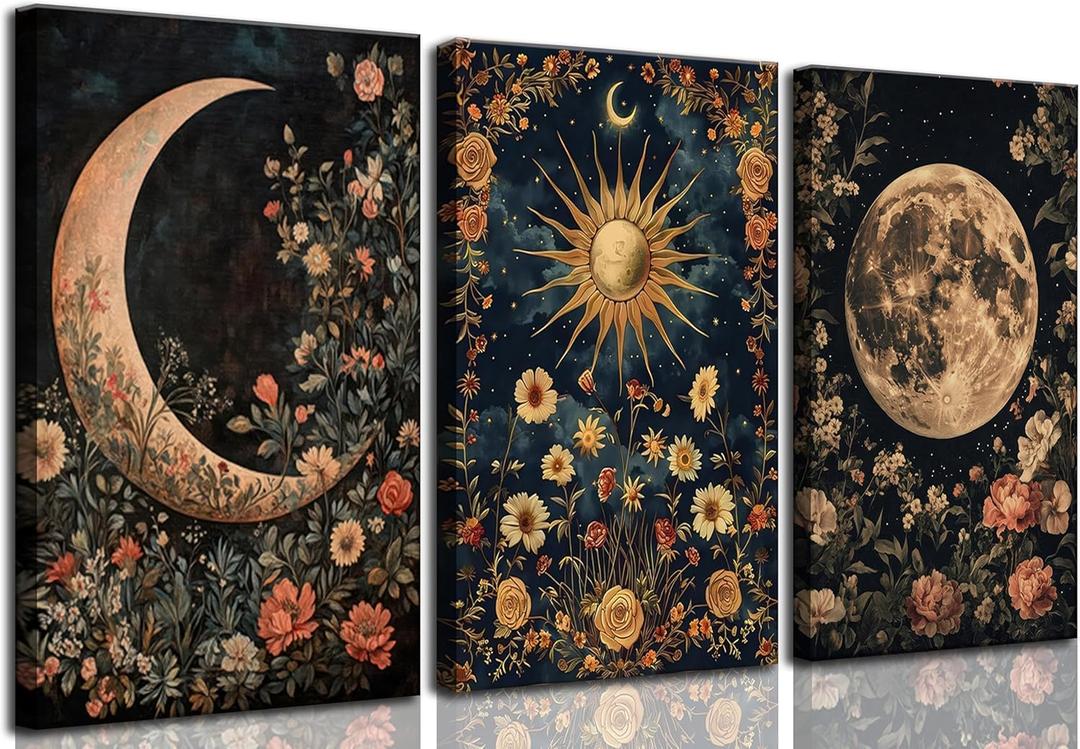 3Pcs Sun and Moon Celestial Canvas Wall Art Vintage Gothic Mystical Crescent Floral Plant Dark Academia Painting Picture Wall Decor Posters Print Artwork for Living Room Bedroom Decoration (16L" x 12W"-Canvas)