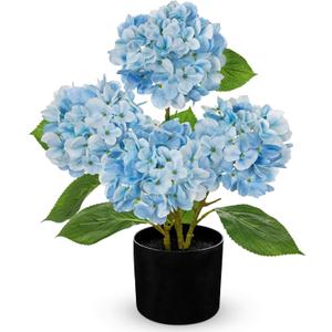 Hollyone Light Blue Hydrangea Artificial Flowers in Pots 19.7" Four-Head Faux Silk Hydranges Flower Arrangements for Indoor Home Office Kitchen Table Centerpieces Wedding Decorations