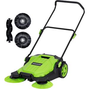 Walk Behind Manual Push Floor Sweeper - 5 Gallon Capacity - Easy Storage - Outdoor Use - Additonal Heavy Duty Brush Set