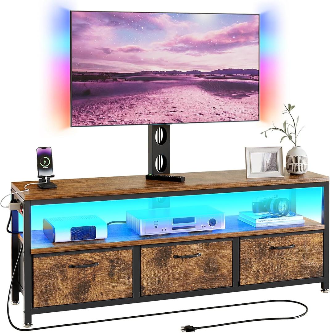 JUSTOGO TV Stand with Mount and Power Outlet, TV Stand with Drawers Storage for Living Room Bedroom, LED Entertainment Center for 45 55 60 65 inch, Height Adjustable Media Console, Rustic Brown