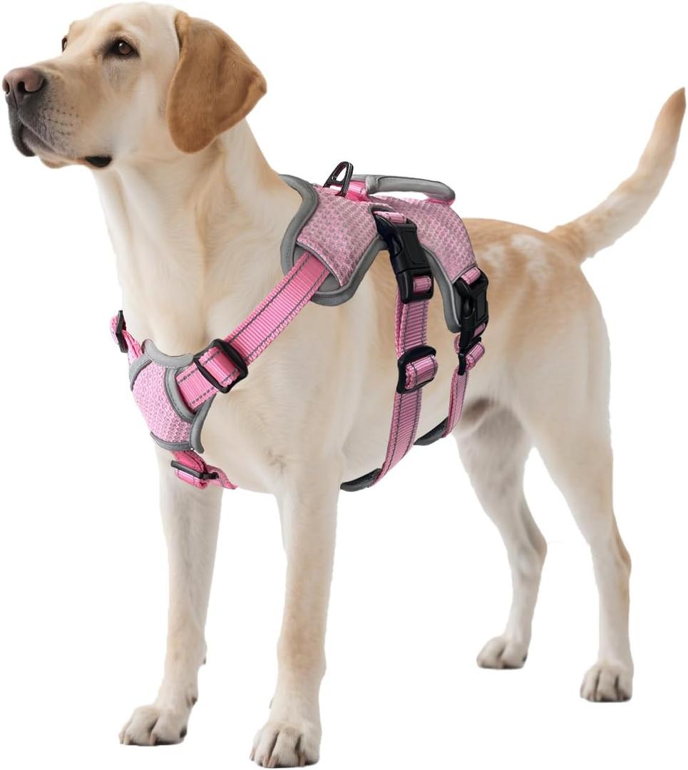 Dog Harnesses Escape Proof, Escape Artist Harness, Fully Reflective Harness with Padded Handle, Breathable,Durable, Adjustable Vest for Large Dogs Walking, Training, and Running Gear Pink (Large) (Large (Pack of 1))