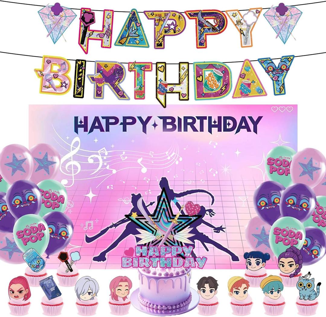 33Pcs Kpop Party Decorations, Purple Birthday Decorations with Banner, 59 x 39 in Backdrop, Cake Topper, 12 Cupcake Toppers & 18 Balloons, Kpop Birthday Party Supplies