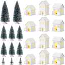 Kajaia 12 Pieces Christmas Winter Houses Village with 12 Pieces Trees Lamp LED Lights Christmas Winter Village Figurine Town Building Accessory for Thanksgiving Halloween (White,Cute Style)