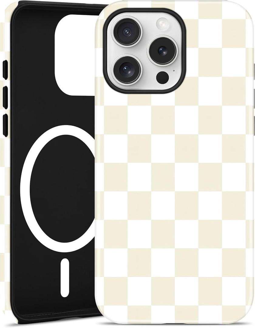 Jusy Compatible with MagSafe Checkerboard Case for iPhone 17 Pro Max, Cute Aesthetic Checkered Magnetic Phone Case, Soft TPU and Hard PC Protective Phone Cover for Women GirlsMatte - Beige